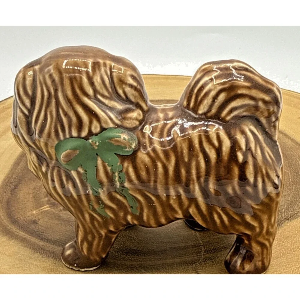 Vintage Porcelain Pekingese Figurine Pekingese Brown Dog W/Green Bow 3.5